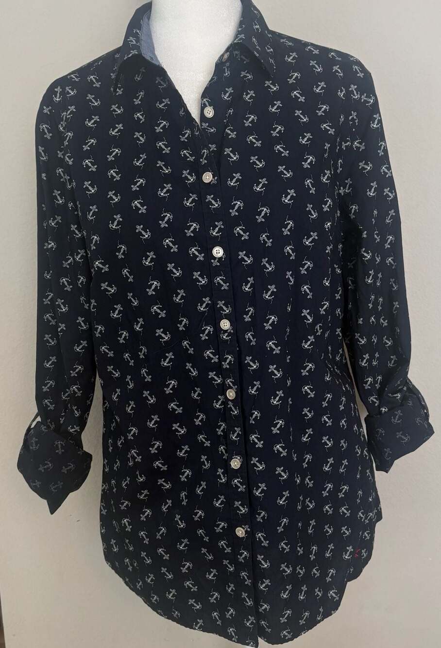 Talbots Blouse Womens 8P Navy Blue Nautical Anchor Ship Sailing Boating Preppy